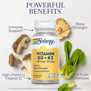 SOLARAY Vitamin D3 K2, K2 D3 Vitamin Supplement for Calcium Absorption, Bone Strength, Cardiovascular & Immune Function Support, Made Without Soy, 60-Day Guarantee, 60 Servings, 60 VegCaps SOLARAY buy supplements Au