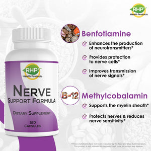 RHP Nerve Support Formula. Nutritional Support of Neuropathy, Nerve Relief from Aches, Nerve Pain & Discomfort. B-Complex with Benfotiamine and Methyl B12. 120 Capsules RHPBuy Supplements Australia