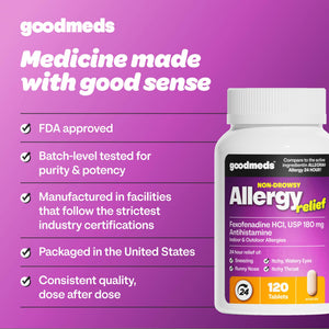 GoodMeds Compare to Allegra | Fexofenadine HCl 180mg | 24-Hour Allergy Relief, Non-Drowsy Antihistamine Generic Medicine for Allergies, Hay Fever, Itchy Eyes | for Kids & Adults (120 Count) GoodMeds buy supplements Au