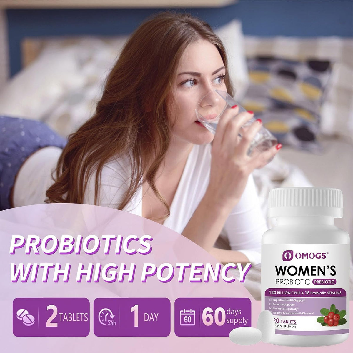 OMOGS Women's Probiotic, with Cranberry Extract, Organic Prebiotics & Vitamin C, 120 Billion CFUs,18 Strains, Help for Boost Immune, Digestive, Gut Health & Women's Health,120 Tablets
