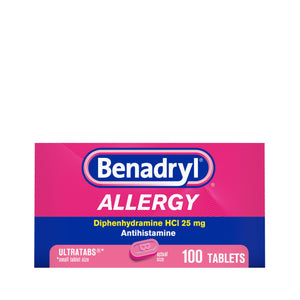 Benadryl Ultratabs Allergy Medicine, 25 mg Diphenhydramine HCl Antihistamine Tablets For Cold & Allergy Relief of Symptoms Like Sneezing, Runny Nose, Itchy Eyes & Throat, Hay Fever, 100 Count Tablets Benadryl buy supplements Au