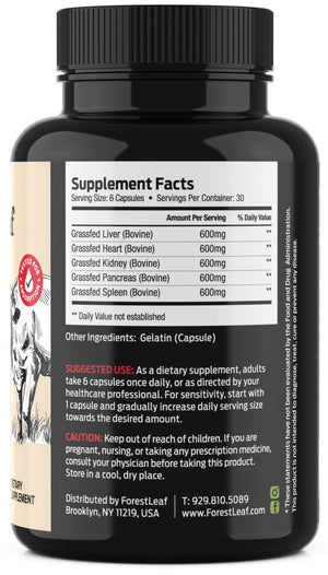 ForestLeaf Beef Organ Supplement - Grass Fed & Pasture Raised - Total Body Wellness & Performance, Organ Complex with 3000mg of Desiccated Beef Liver, Heart, Kidney, Pancreas, Spleen (180 Capsules) ForestLeafBuy Supplements Australia