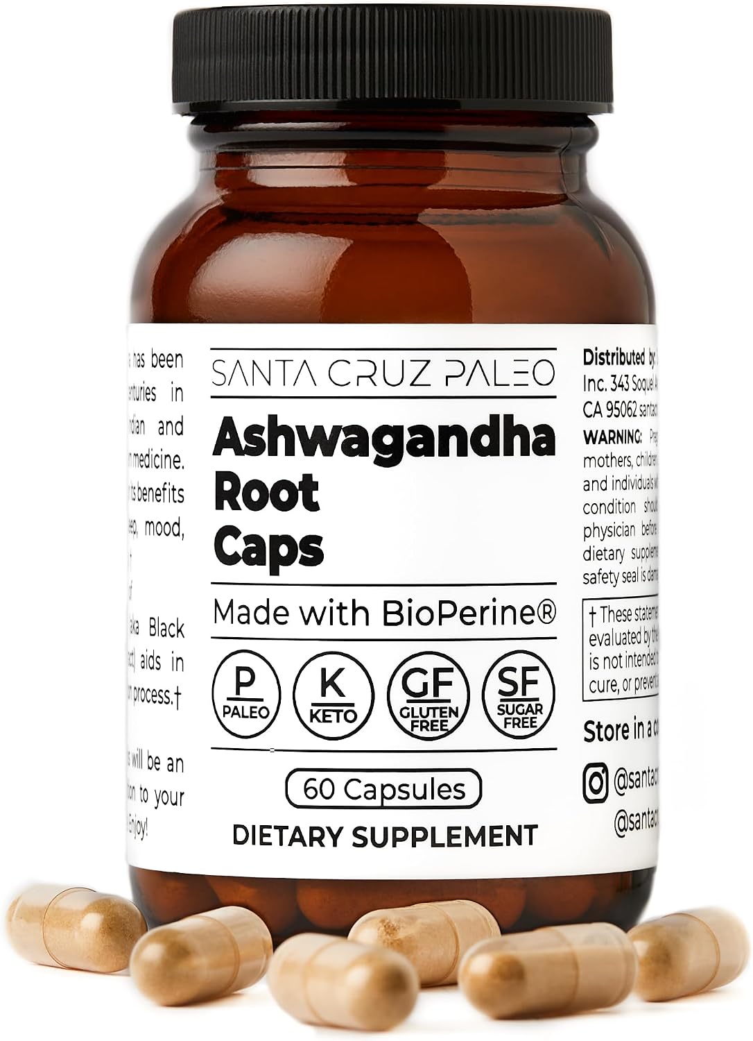 Santa Cruz Paleo Ashwagandha Capsules, 600mg Ashwagandha Root per Capsule, Gluten Free, Keto, Sugar Free, Paleo, Supports Energy, Focus, and Relaxation, BioPerine for Fast Absorption, 60 Capsules