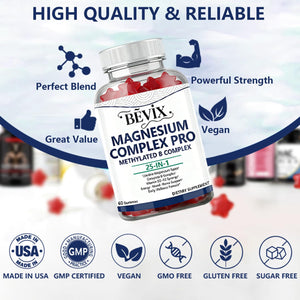 BEVIX Magnesium Complex Gummies with Methylated B Complex Magnesium Glycinate Citrate Malate Taurate Gluconate Aspartate Carbonate D3 K2, Magnesium for Relaxation Energy & Nerve, 60 Gummies BEVIX buy supplements Au