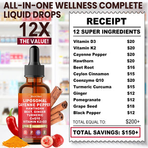 Cayenne Pepper Drops Liposomal Supplement Liquid + Hawthorn Berry, Vitamin D3 K2 Beet Root Powder, Ceylon Cinnamon, CoQ10, Turmeric Curcumin, Cayenne Pepper Extract - 2oz HevChay buy supplements Au