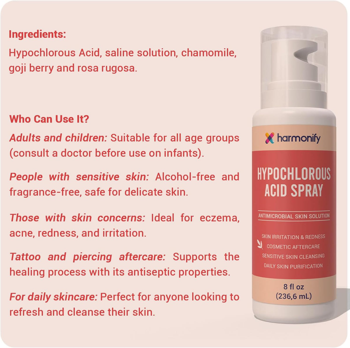 Hypochlorous Acid Spray 8 fl oz - Antimicrobial Skin Solution for Face & Body - Hypochlorous Acid for Sensitive Skin, Redness & Acne - Daily Skin Cleansing & Cosmetic Aftercare