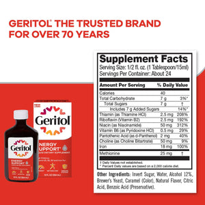 Suplement Geritol Liquid Vitamin and Iron Supplement, Energy Support Vitamins, Contains High Potency B-Vitamins and Iron, Easy to Swallow, VelvetGlow USA