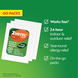 Zyrtec 24 Hour Allergy Relief Tablets, Antihistamine Indoor & Outdoor Anti Allergy Medicine + Cetirizine HCl, Relief from Runny Nose, Sneezing, & Itchy Eyes, Single Packs, 14 x 1 ct Packets Zyrtec buy supplements Au