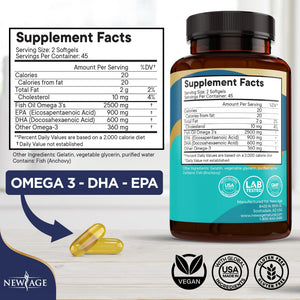 Suplement NEW AGE Omega 3 Fish Oil 2500mg Supplement Non GMO - EPA, DHA Fatty Acids Gluten Free (180 Softgels (Pack of 2)) - VelvetGlow USA