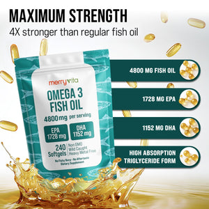 Omega 3 Fish Oil 4800 mg โ EPA 1728 mg | DHA 1152 mg from Wild-Caught Anchovies โ Burpless Mini Softgels โ Pure Omega-3 Fatty Acid Supplement โ Non-GMO, Gluten-Free, No Aftertaste โ 240 Capsules MERRY VITABuy Supplements Australia