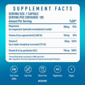 MGSPORT Magnesium Supplement 380mg - High Absorption Magnesium Complex Formula with Vitamins B6, D, E - Supports Muscle Function and Sleep Quality - 100 Servings MgSport buy supplements Au