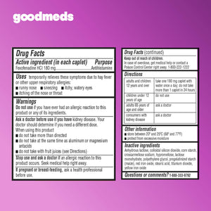 GoodMeds Compare to Allegra | Fexofenadine HCl 180mg | 24-Hour Allergy Relief, Non-Drowsy Antihistamine Generic Medicine for Allergies, Hay Fever, Itchy Eyes | for Kids & Adults (120 Count) GoodMeds buy supplements Au