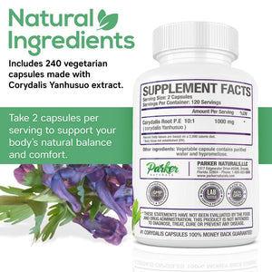 Parker Naturals Pure Corydalis Root Extract Capsule - 1000mg Strength, 10:1 Corydalis Yanhusuo Extract, Natural Relief, Long Lasting, 100% Vegetarian, 120 Servings, 240 Count Parker NaturalsBuy Supplements Australia