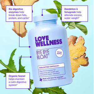 Love Wellness Bye Bye Bloat, Digestive Enzymes | Bloating Relief for Women | Help Reduce Gas Relief & Water Retention | Supports Digestive Health with Fenugreek & Dandelion | 180 Count Love Wellness buy supplements Au