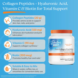 Doctor's BEST Pure Collagen Peptides w/Hyaluronic Acid - Collagen Powder Supplement for Women & Men, Unflavored, 18 g Protein & 90 mg Vitamin C per Serving, Supports Healthy Skin & Hair - 14.8 oz Doctor's BEST buy supplements Au