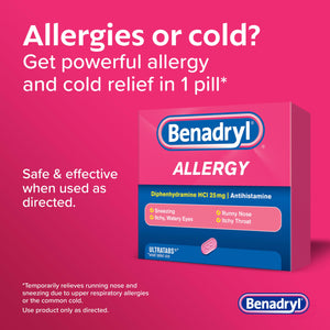Benadryl Ultratabs Allergy Medicine, 25 mg Diphenhydramine HCl Antihistamine Tablets For Cold & Allergy Relief of Symptoms Like Sneezing, Runny Nose, Itchy Eyes & Throat, Hay Fever, 100 Count Tablets Benadryl buy supplements Au
