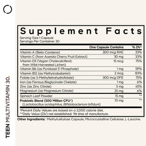 Codeage Teen Multivitamin - Vitamins A, C, D3, B6, B12, Folate, Zinc, Magnesium, Iron, Probiotics, Fermented Spinach - Multivitamins for Teenage Boys and Girls - Non-GMO, Gluten-Free - 30 Capsules CodeageBuy Supplements Australia