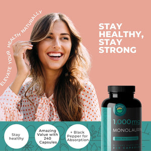Monolaurin 1000mg Capsules — Made with Pure Glycerol and Lauric Acid from Raw Coconut — Natural Vegans- Non-GMO and Soy Free — 240 Capsules Eleva Nutrition buy supplements Au