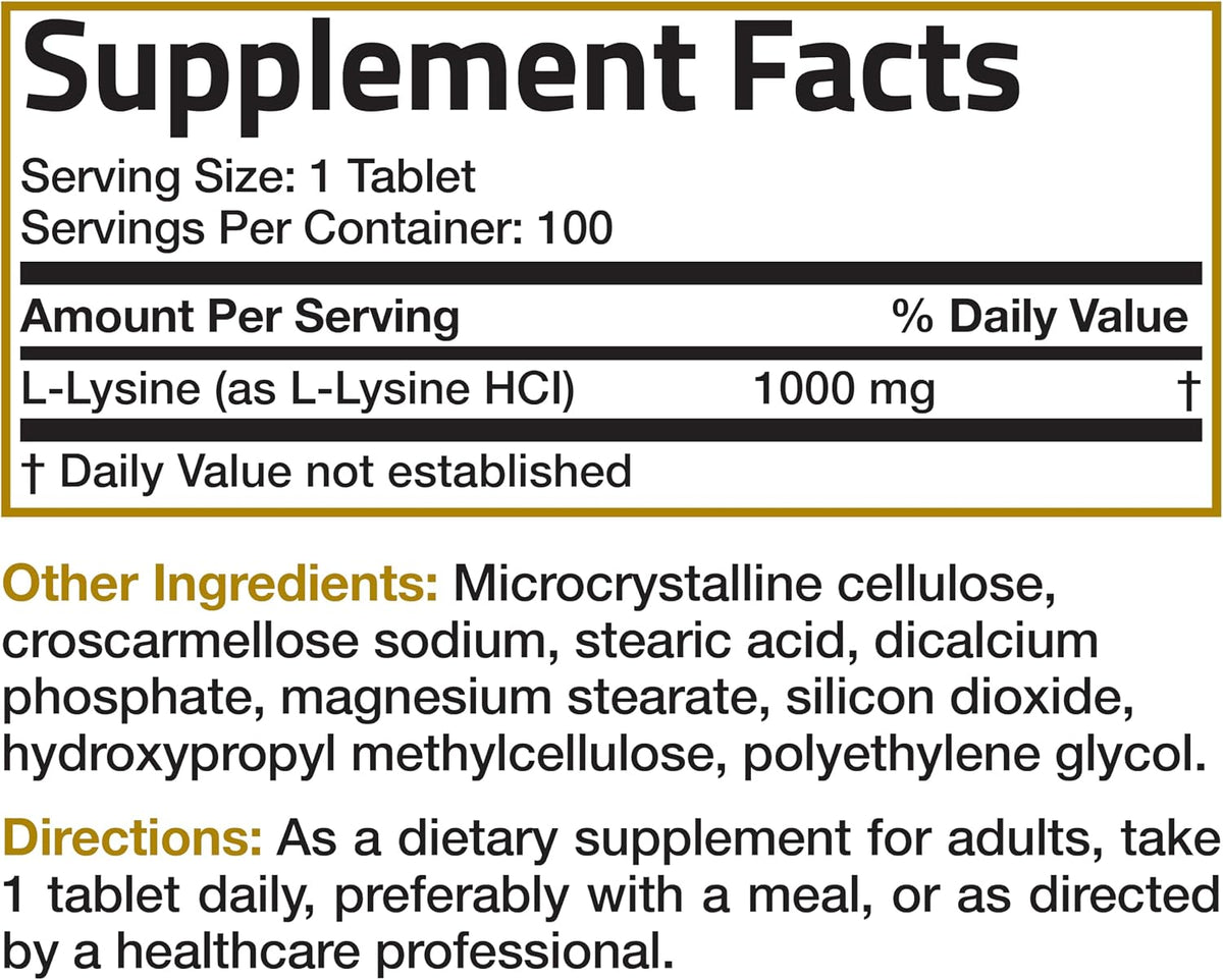 Bronson L-Lysine Extra Strength 1000 MG per Tablet High Potency, Immune Support & Supports Collagen Synthesis, Non-GMO, 100 Vegetarian Tablets