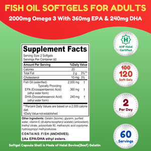 Suplement Halal Omega 3 Fish Oil 2000mg - 60 Servings, 120 Softgels. Wild Caught, Purified, Keto Friendly, Non-GMO & Gluten-Free. Brain, Heart & Cardiovascular Support. - VelvetGlow USA