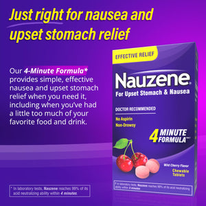 Nauzene Non-Drowsy Upset Stomach & Nausea Relief Chewable Tablets | 4-Minute Formula | Doctor Recommended | Wild Cherry Flavor | 56 Count Nauzene buy supplements Au