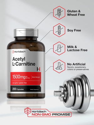 Suplement Horbäach Acetyl L-Carnitine 1500mg | 200 Capsules | Extra Strength Supplement | Non-GMO & Gluten Free - VelvetGlow USA