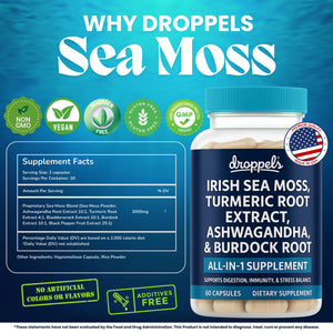 Droppels Irish Sea Moss Capsules with Turmeric Root, Ashwagandha, Black Pepper & Burdock Root – Natural Mineral Blend for Immune, Digestion, Joint & Energy Support – Vegan, Non-GMO – 60 Capsules Droppels buy supplements Au