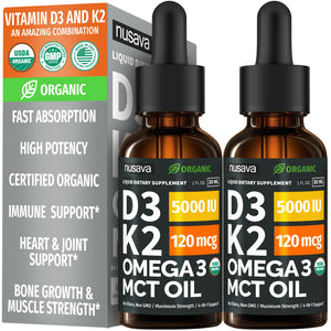 (2 Pack) Organic Vitamin D3 K2 Drops with MCT Oil Omega 3, 5000 IU — Liquid D3, No Fillers, Non-GMO, Immune Support (Unflavored, 2 Fl Oz) NUSAVA buy supplements Au