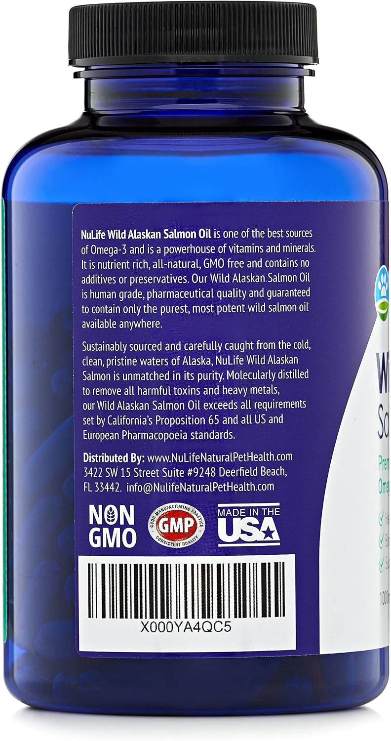 Pure Wild Alaskan Salmon Oil for Dogs, Omega 3 Fish Oil Supplement for Healthy Skin & Shiny Coat, Prevents Itchy Skin, Skin Allergies & Shedding, 120 Soft Capsules