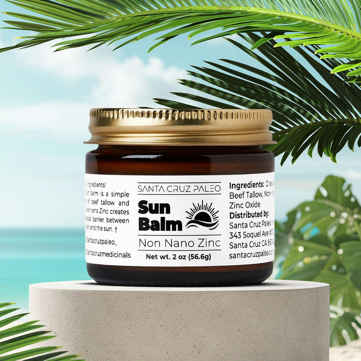 Santa Cruz Paleo, Beef Tallow Sun Balm with Non-Nano Zinc Oxide, Sunscreen Free, Unscented, Natural Mineral Sun Protection for Face & Body, Acne Safe, Moisturizer, Non Comedogenic, Organic Balm, 2 Oz