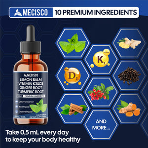 10in1 Lemon Balm Liquid Drops Blend Includes Vitamin D3, Vitamin K2, Lemon Balm, Ginger, Turmeric, Ceylon Cinnamon, Black Pepper, Cayenne Pepper, Berberine, Valerian Root - 1 FL Oz - 2 Month Supply MeciscoBuy Supplements Australia