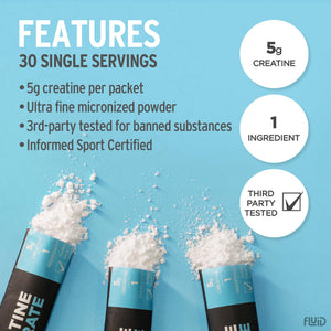Fluid Creatine - Informed Sport Certified | Ultra-Fine Micronized 100% Creatine Monohydrate Powder | Unflavored | 5g Travel Stick Packs | 30 Servings Fluid buy supplements Au