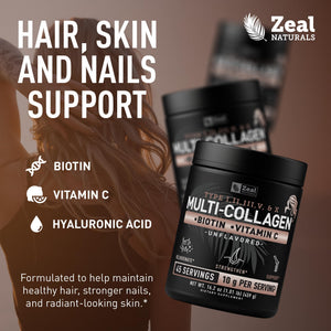 Suplement Zeal Naturals Multi Collagen Protein Peptides Powder Types I II III V X - Vitamin C, Biotin & Hyaluronic Acid - Hair, Skin & Nails - Marine, Bovine, VelvetGlow USA
