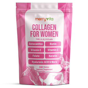 MERRY VITA Collagen for Women ā Hydrolyzed Multi Collagen Peptides Types I, II, III, V & X ā Collagen Supplement with Vitamin C, Biotin & Hyaluronic Acid ā Grass Fed, Non-GMO, 240 Capsules MERRY VITAĀ buy supplements Au