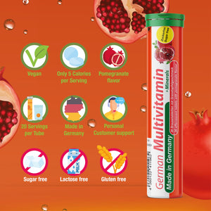 T&D German Multvitamin + Minerals 10 Vitamins 2 Minerals - 240 Vegan Drink Effervescent Tablets - Pomegranate Flavor - Made in Germany T&D buy supplements Au