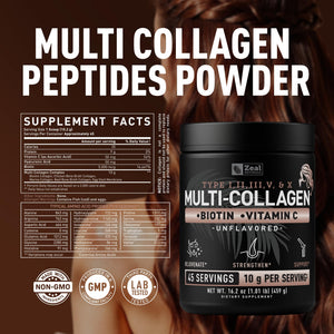 Zeal Naturals Multi Collagen Protein Peptides Powder Types I II III V X - Vitamin C, Biotin & Hyaluronic Acid - Hair, Skin & Nails - Marine, Bovine, Chicken & Eggshell - Unflavored, 45 Servings Zeal Naturals buy supplements Au