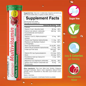 T&D German Multvitamin + Minerals 10 Vitamins 2 Minerals - 240 Vegan Drink Effervescent Tablets - Pomegranate Flavor - Made in Germany T&D buy supplements Au