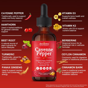 Cayenne Pepper Drops Liquid Supplement Smooth & Sweet Herbal Liquid + Hawthorn Berry, Vitamin D3 K2 Beet Root Powder, Ceylon Cinnamon, Turmeric Curcumin, Organic Panax Ginseng - 2fl oz Oxiventra buy supplements Au