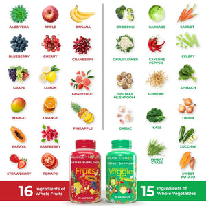 Balance of Nature Fruits & Veggies Supplements - Whole Fruit and Vegetable Ingredients for Women, Men, and Kids - 90 Fruits Capsules, 90 Veggies Capsules - 1 Set Balance of Nature buy supplements Au