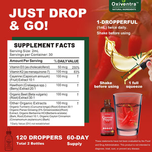 Cayenne Pepper Drops Liquid Supplement Smooth & Sweet Herbal Liquid + Hawthorn Berry, Vitamin D3 K2 Beet Root Powder, Ceylon Cinnamon, Turmeric Curcumin, Organic Panax Ginseng - 2fl oz Oxiventra buy supplements Au