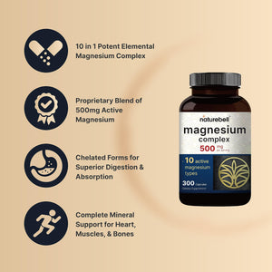Magnesium Complex 500mg, 300 Capsules | 10-in-1 Magnesium Glycinate, Citrate, Malate & More | Chelated Form for Easy Absorption | Non-GMO NatureBell buy supplements Au