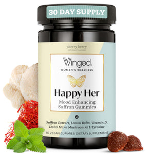 Winged Wellness Happy Her Mood Gummies - Daily Mood Enhancer Support Supplement for Women - Vitamin D with Saffron, Lemon Balm, & Lions Mane Mushrooms for Balance & Calming Relief - 50 Vegan Gummies Winged buy supplements Au