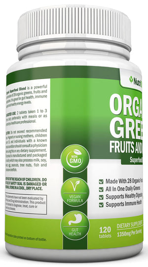 Organic Super Greens Capsules - Fruit And Vegetable Supplements - 120 Count - 28 USDA Organic & Vegan Premium Ingredients - Superfood Blend For Immune Health, Digestion & Energy - Whole Food Vitamins NutriONNBuy Supplements Australia