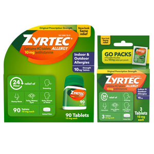 Zyrtec 24 Hour Allergy Relief Tablets, Indoor & Outdoor Allergy Medicine with 10 mg Cetirizine Hydrochloride Antihistamine, Value Bundle of one, 90 ct Bottle & Three, 1 ct Travel Packs Zyrtec buy supplements Au