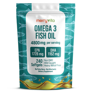 Omega 3 Fish Oil 4800 mg โ EPA 1728 mg | DHA 1152 mg from Wild-Caught Anchovies โ Burpless Mini Softgels โ Pure Omega-3 Fatty Acid Supplement โ Non-GMO, Gluten-Free, No Aftertaste โ 240 Capsules MERRY VITABuy Supplements Australia