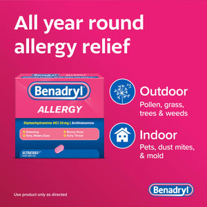 Benadryl Ultratabs Allergy Relief Medicine, 25 mg Diphenhydramine HCl Antihistamine Tablets For Relief of Cold & Allergy Symptoms Like Sneezing, Runny Nose, & Itchy Eyes & Throat, 24 ct Benadryl buy supplements Au