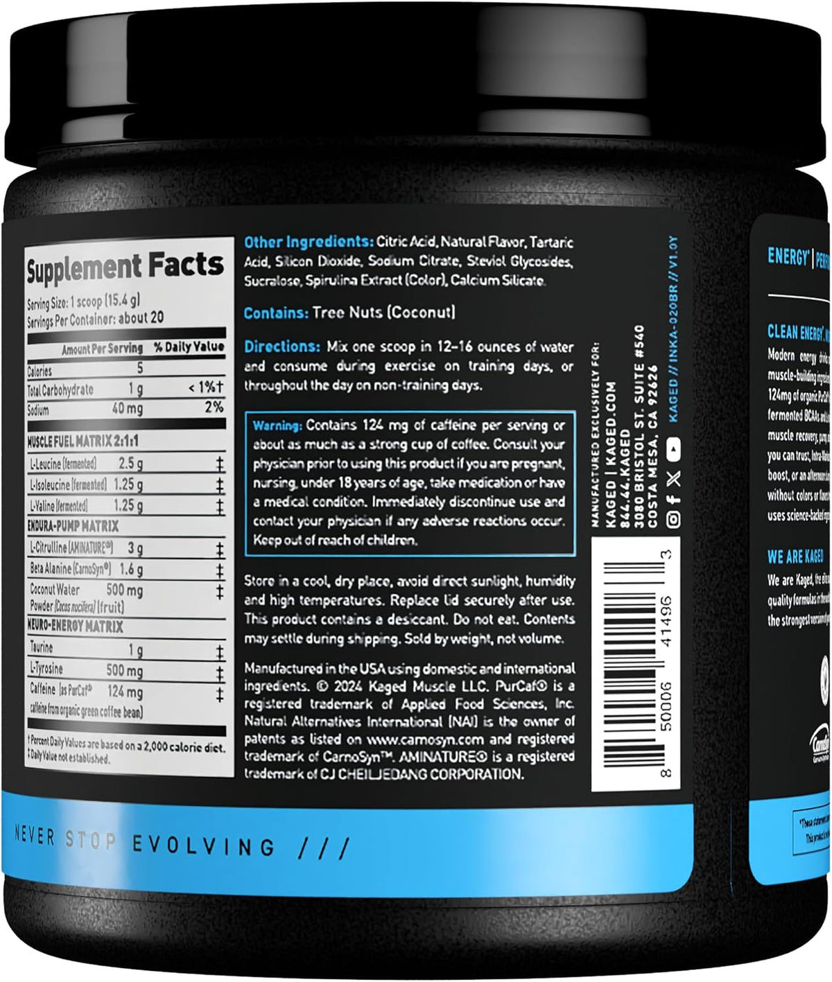 Kaged Intra-Workout Powder In-Kaged BCAAs, L-Citrulline & Beta-Alanine for Endurance 124mg Organic PurCaf Caffeine Coconut Water Powder 20 Servings Blue Raspberry