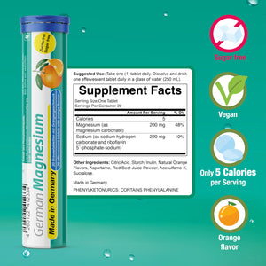 German Magnesium Oxide Supplement | Effervescent Tablets | Orange Flavor – 200 mg Magnesium per Serving | Sugar Free, Vegan – T&D Pharma – Made in Germany T&D buy supplements Au
