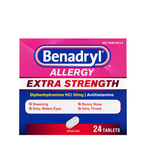 Benadryl Extra Strength Allergy Relief Medicine, 50 mg Diphenhydramine HCl Antihistamine Tablets for Relief of Allergy Symptoms Due to Hay Fever or Other Upper Respiratory Allergies, 24 ct Benadryl buy supplements Au