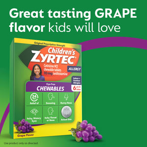Zyrtec Children's Dye-Free Chewables for 24 Hour Allergy Relief, 10 mg Cetirizine Hydrochloride Antihistamine Tablets, Kids Allergy Medicine Relieves Sneezing & Itchy Throat, Grape, 48 ct Zyrtec buy supplements Au